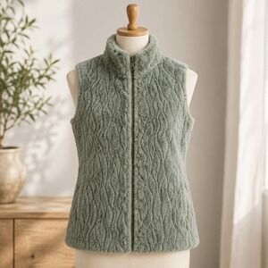 Studio Park Faux Fur Vest Womens S Sage Green Wavy Textured Full Zip Mock Neck